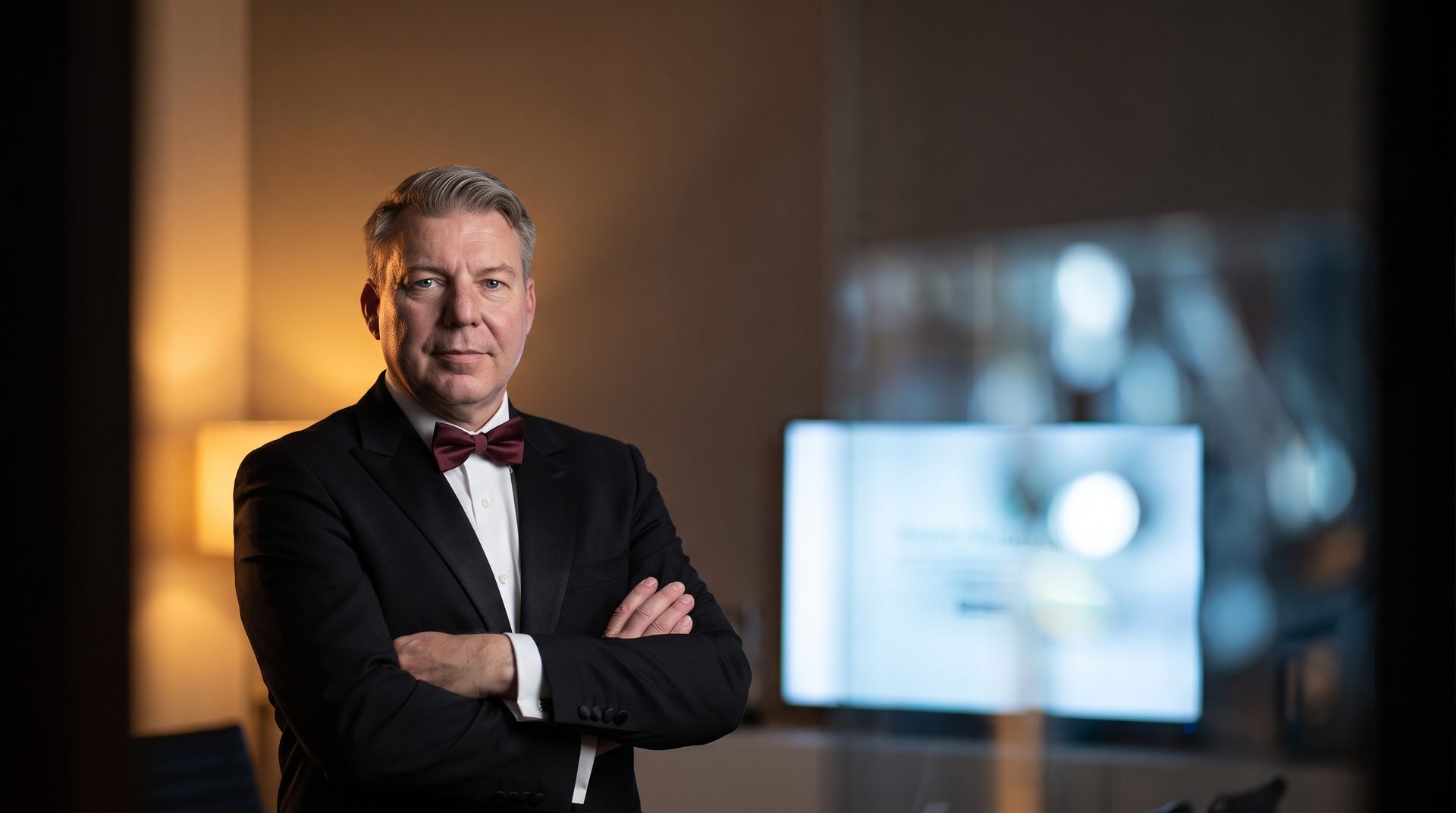 René Winkler im Büro, im Hintergrund ein Bildschirm mit dem Hinweis: Seit 4 Wochen keine Rückmeldung.